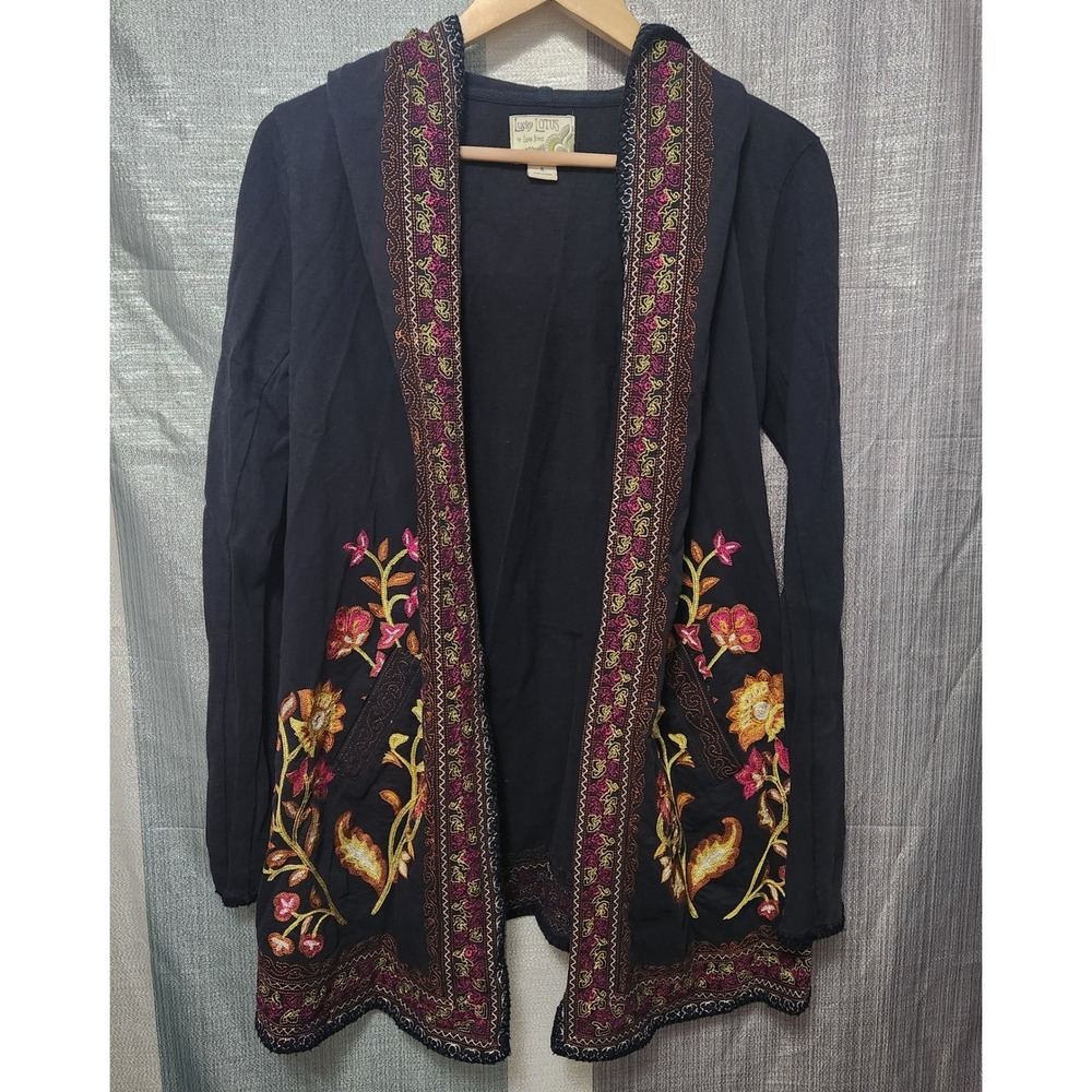 Lucky Lotus Boho Lucky Brand Navy Blue Embroidered Floral Hooded Cardigan Small